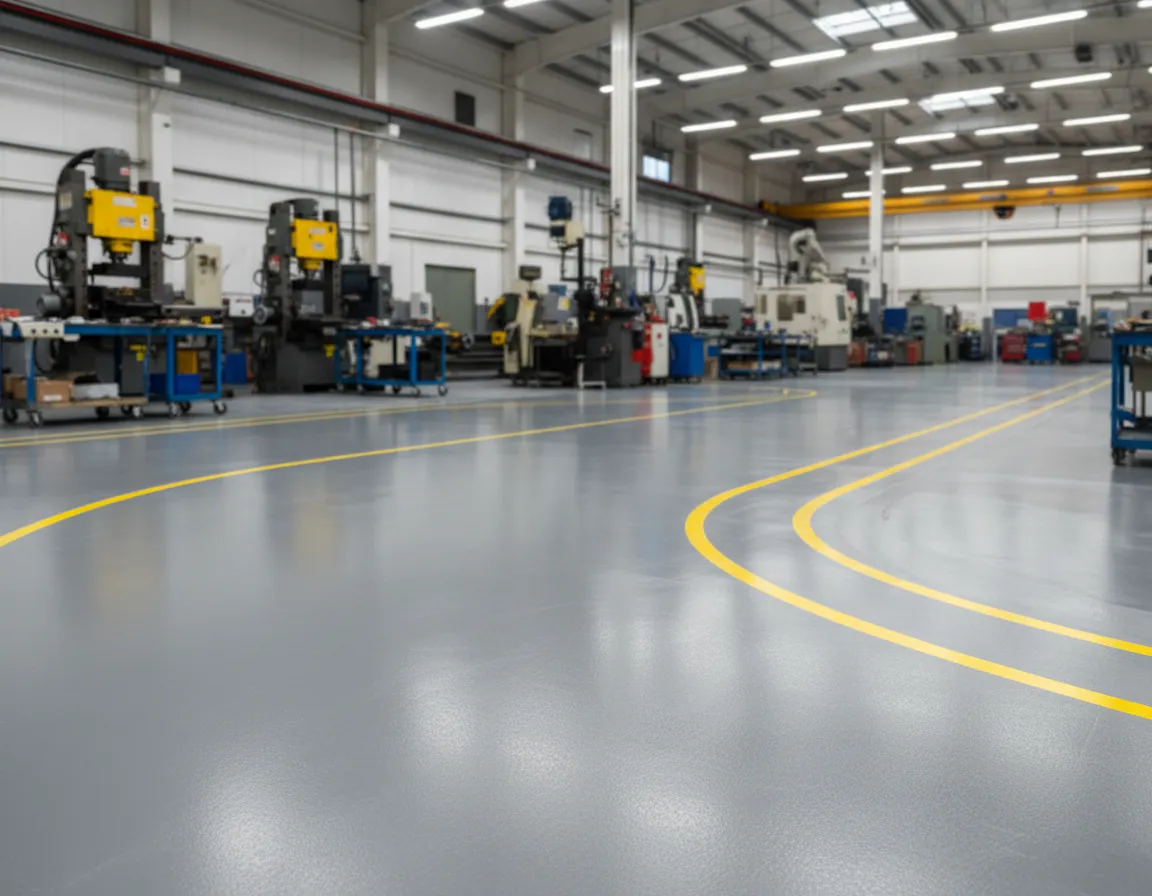 After – high-build epoxy shop floor with safety striping